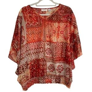New Chico’s Blouse Boho Style Beaded V-Neck Flowy Top Red Orange Resort Medium